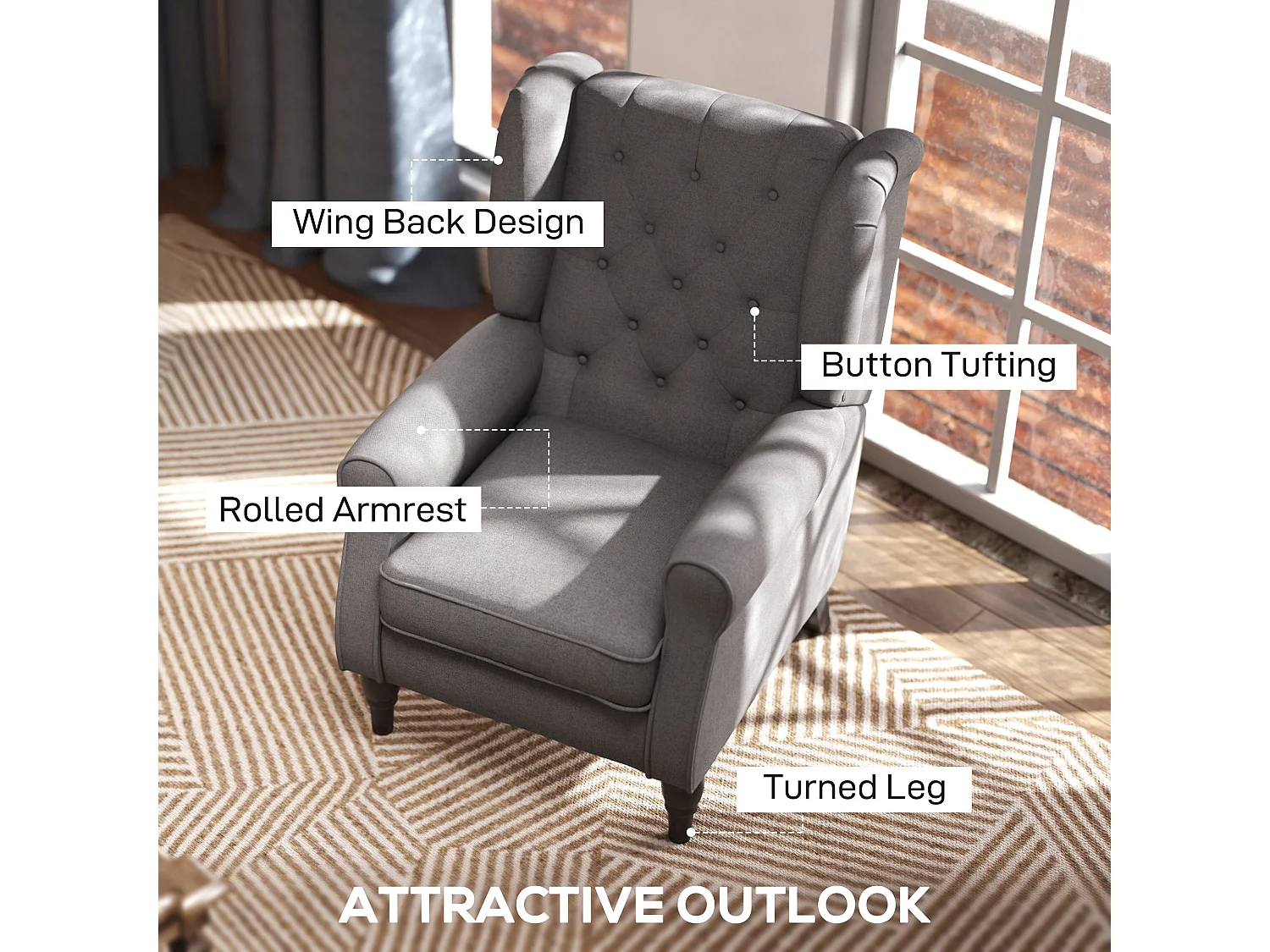 Keri Molo Dark Grey Snow Flannel Wingback Accent Chair with Button Tufting and Black Legs