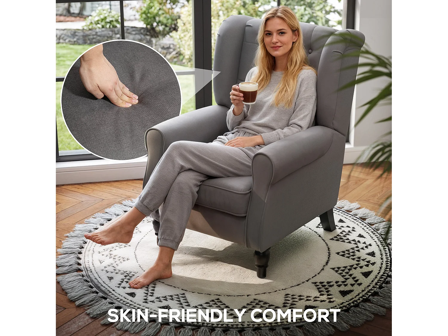 Keri Molo Dark Grey Snow Flannel Wingback Accent Chair with Button Tufting and Black Legs