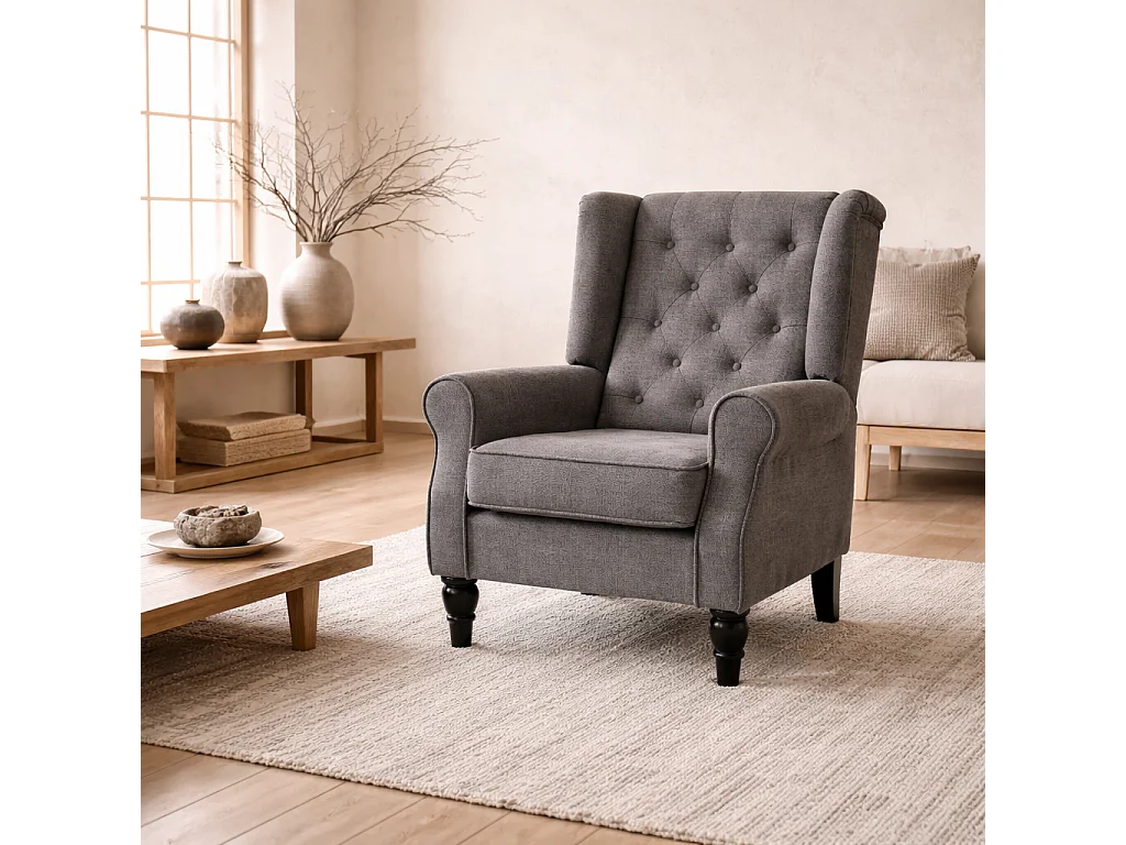 Keri Molo Dark Grey Snow Flannel Wingback Accent Chair with Button Tufting and Black Legs