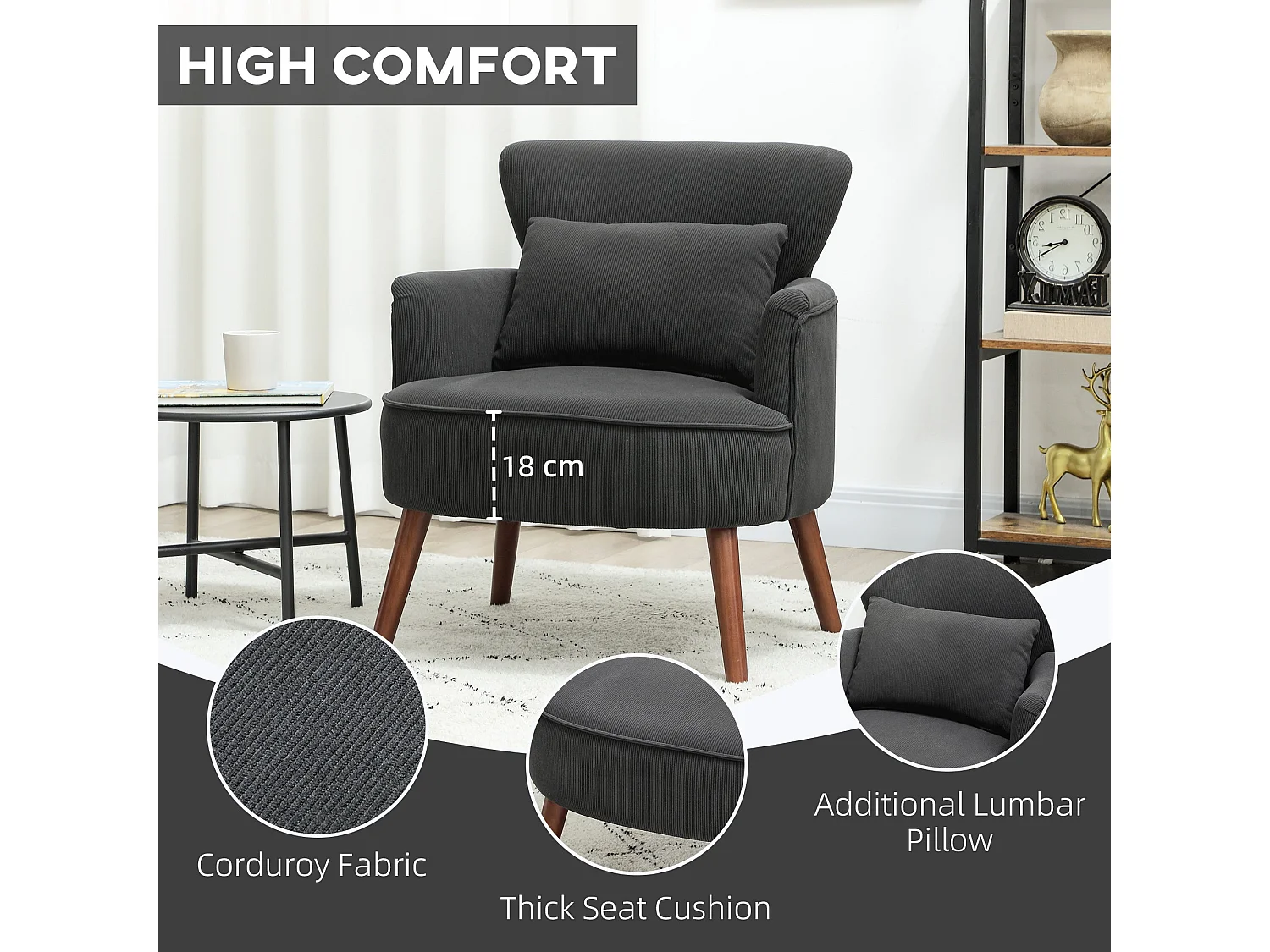 Mielyo Black Corduroy Retro Accent Armchair