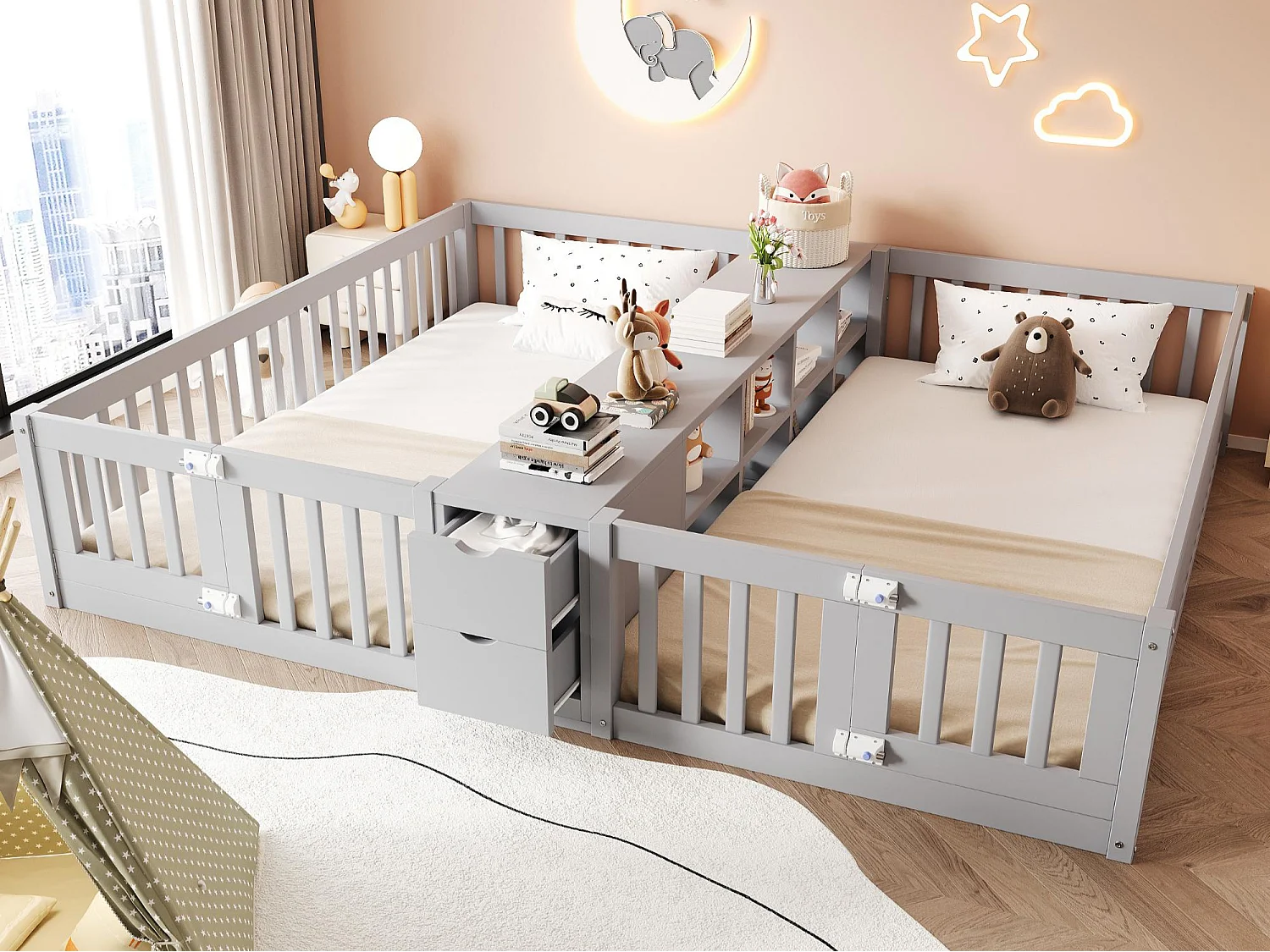 Kinderbett 90 x 200 cm - mit 2 Schubladen - mit doppeltem Regal - mit Sicherheitsgeländern - grau (Matratze nicht enthalten)