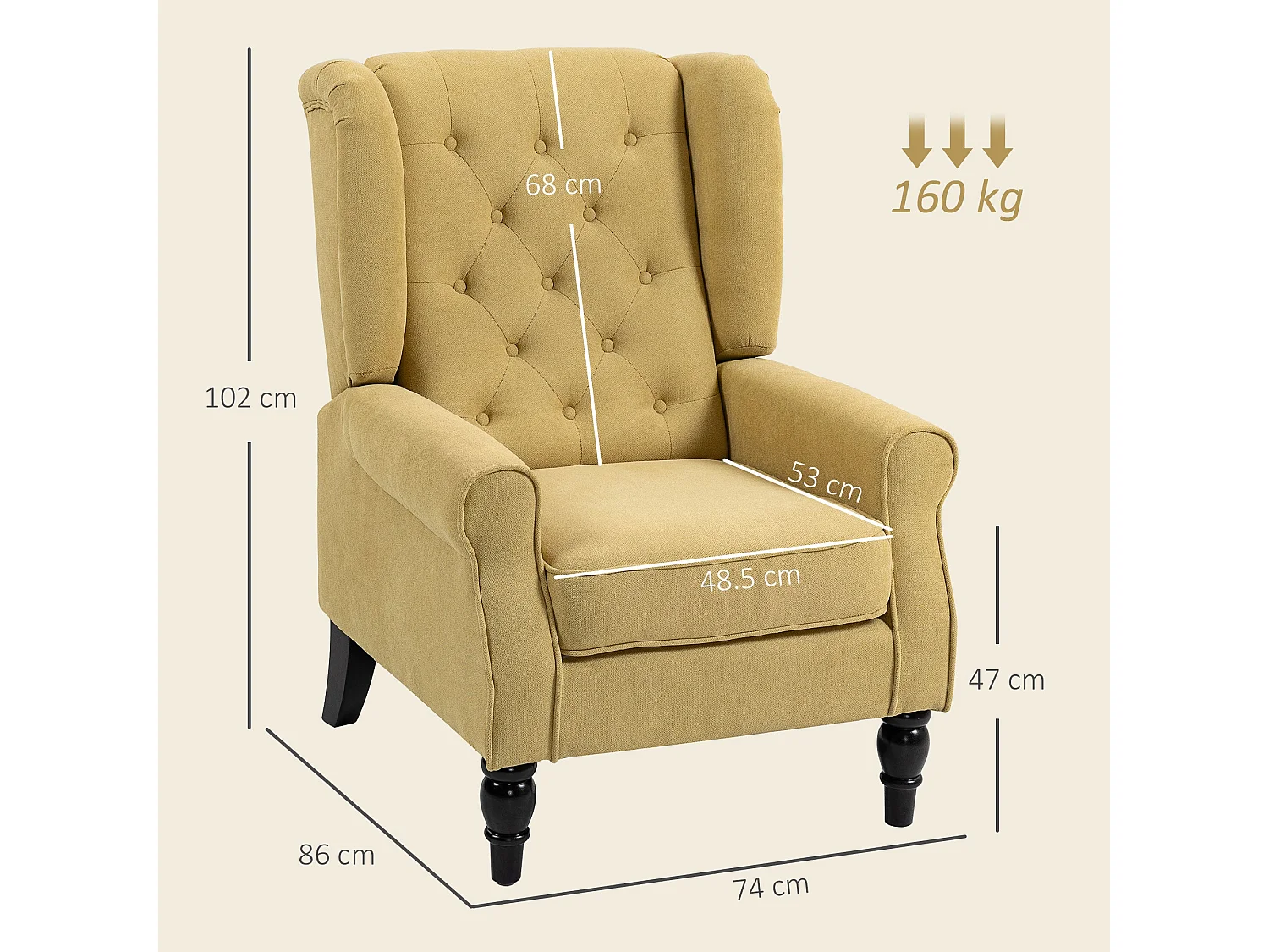 Luyo Light Yellow Retro Wingback Accent Armchair Button Tufted Upholstery