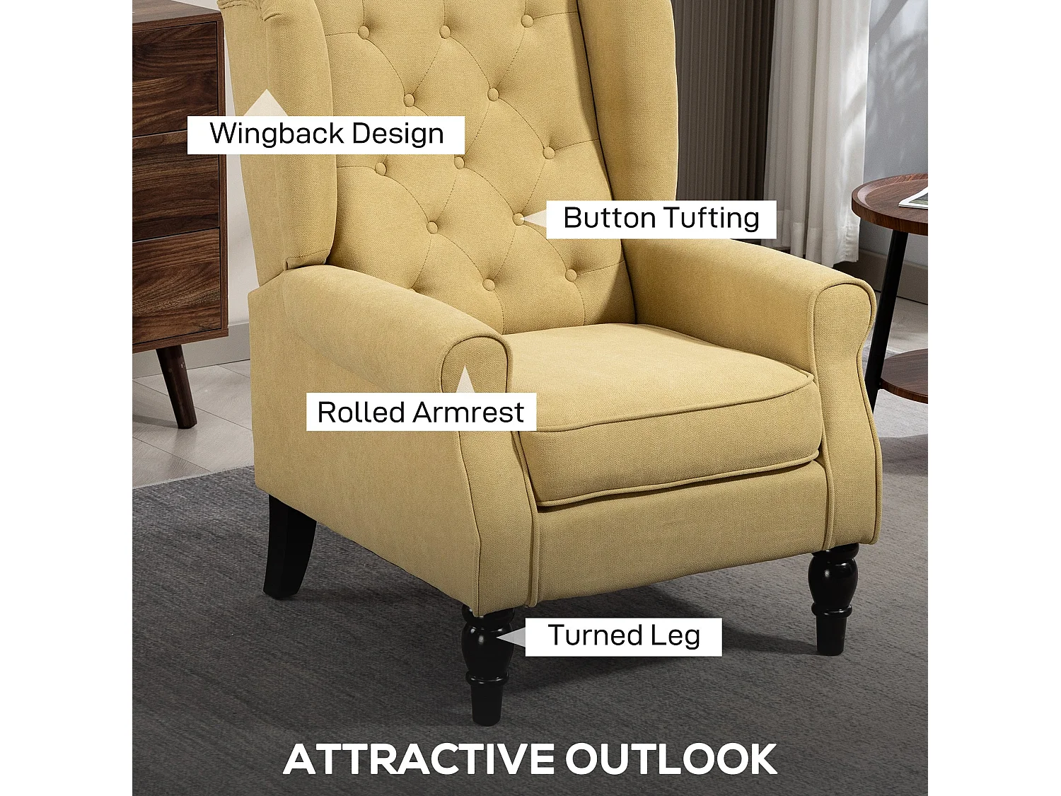 Luyo Light Yellow Retro Wingback Accent Armchair Button Tufted Upholstery