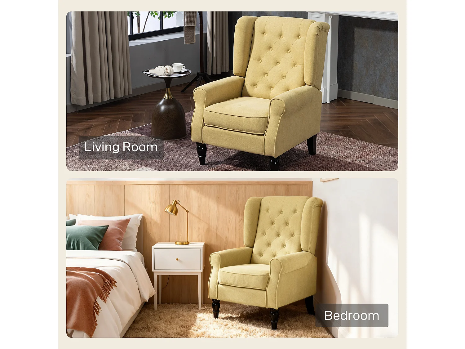 Luyo Light Yellow Retro Wingback Accent Armchair Button Tufted Upholstery