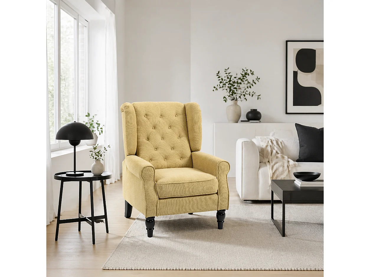 Luyo Light Yellow Retro Wingback Accent Armchair Button Tufted Upholstery