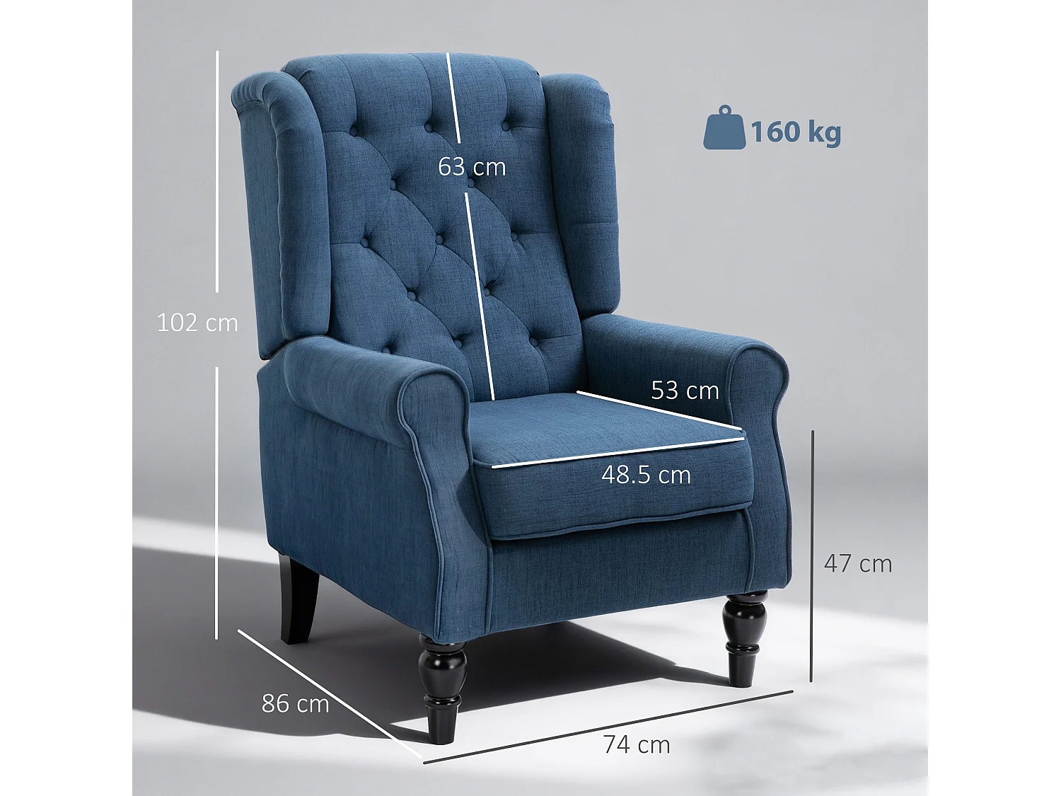 Letofi Blue Wingback Accent Chair Button Tufted Snow Flannel Upholstery