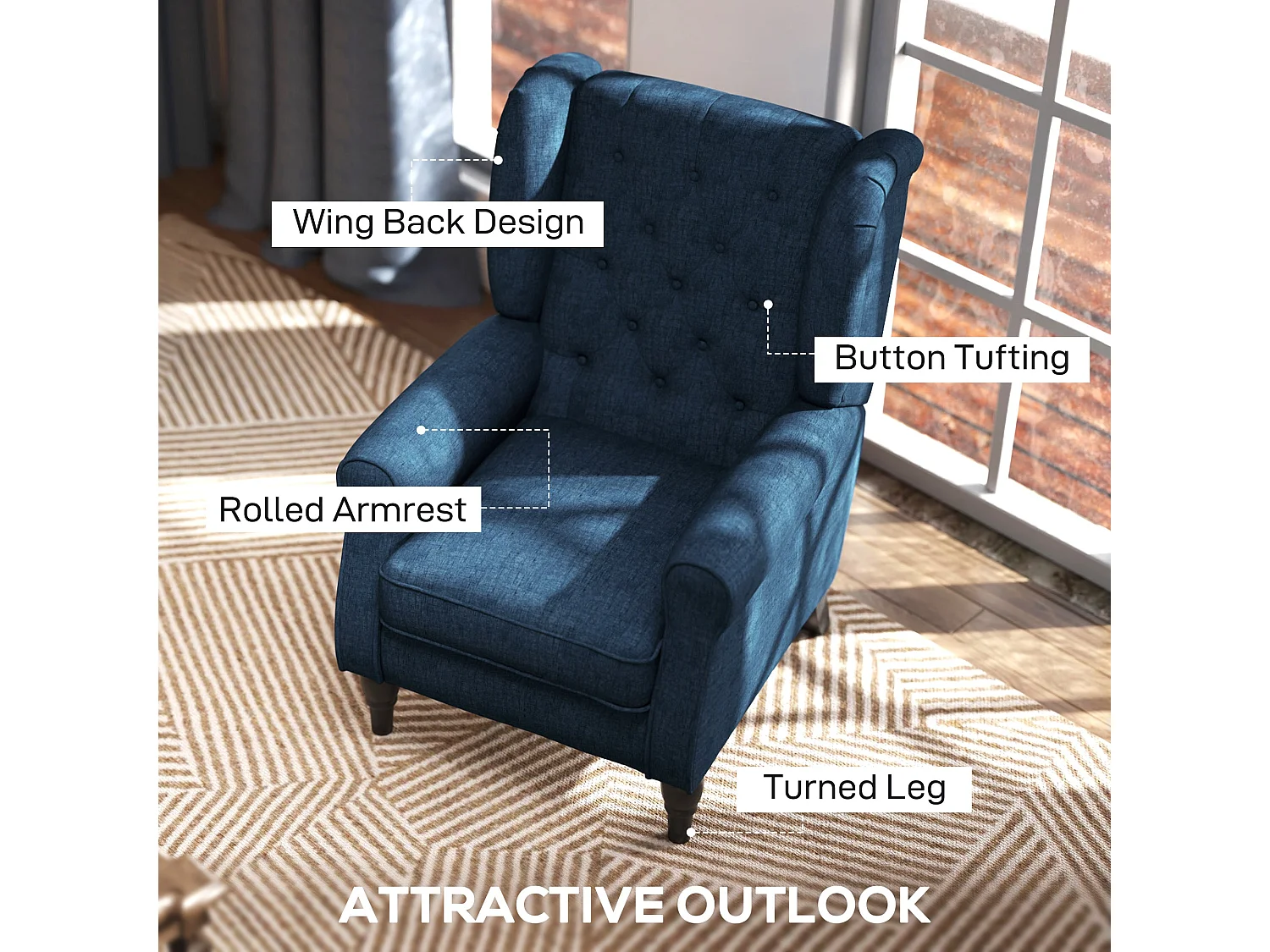 Letofi Blue Wingback Accent Chair Button Tufted Snow Flannel Upholstery