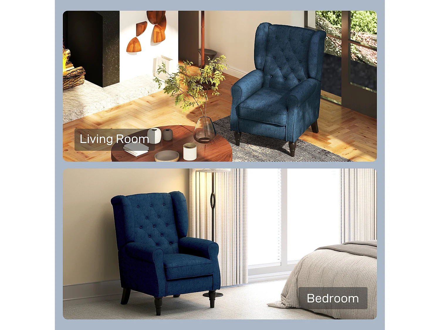 Letofi Blue Wingback Accent Chair Button Tufted Snow Flannel Upholstery