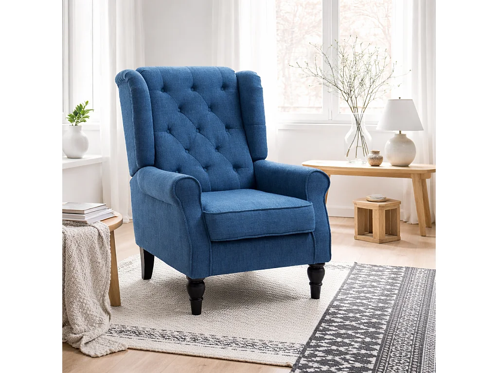 Letofi Blue Wingback Accent Chair Button Tufted Snow Flannel Upholstery