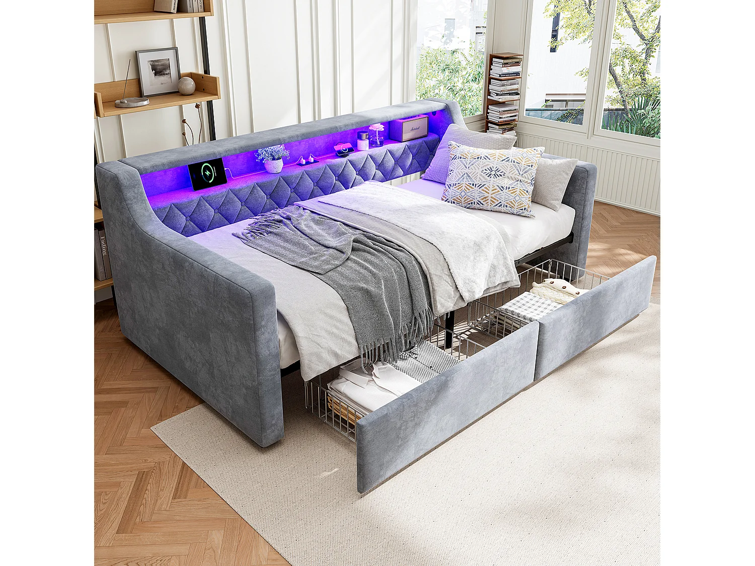 Upholstered single bed 90x190 cm - with LED strip lighting - charging ports (1 USB-A + 1 USB-C) - 2 drawers with wheels - velvet fabric - grey