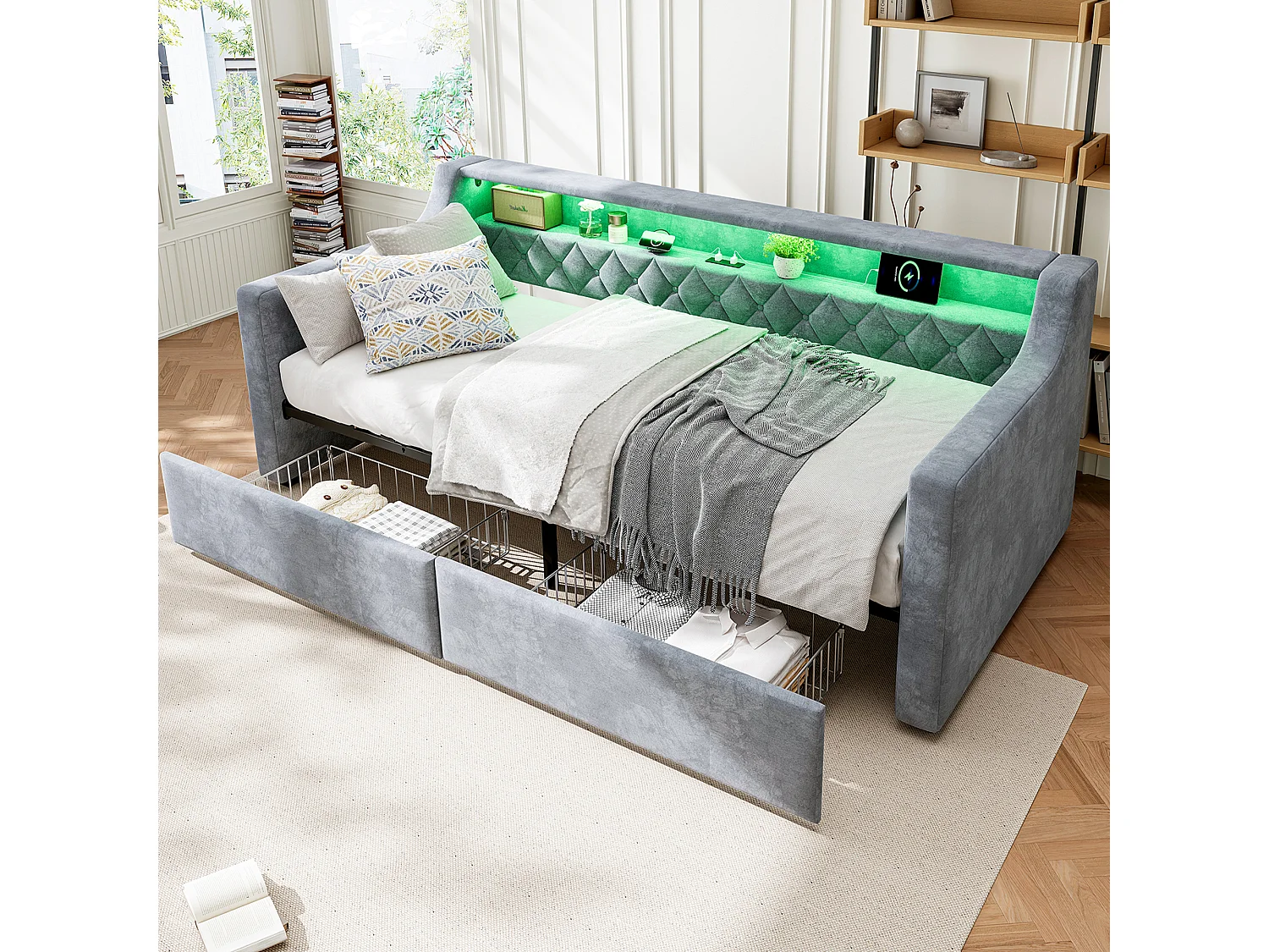 Upholstered single bed 90x190 cm - with LED strip lighting - charging ports (1 USB-A + 1 USB-C) - 2 drawers with wheels - velvet fabric - grey