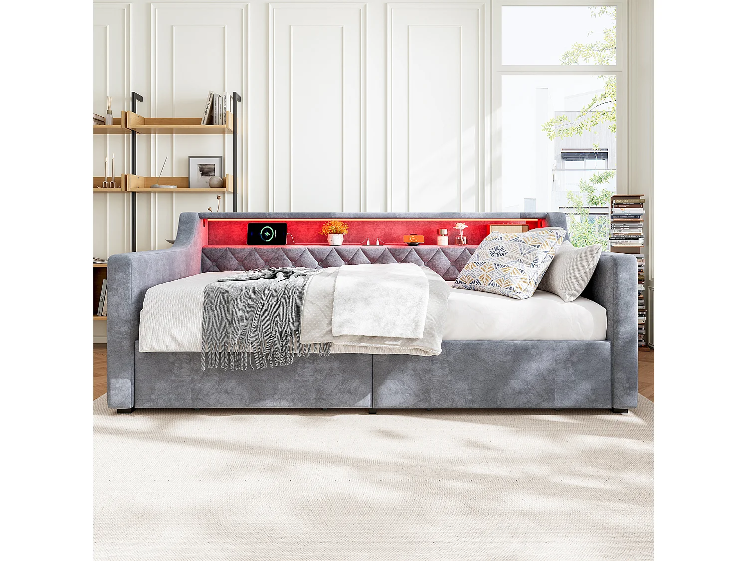 Upholstered single bed 90x190 cm - with LED strip lighting - charging ports (1 USB-A + 1 USB-C) - 2 drawers with wheels - velvet fabric - grey