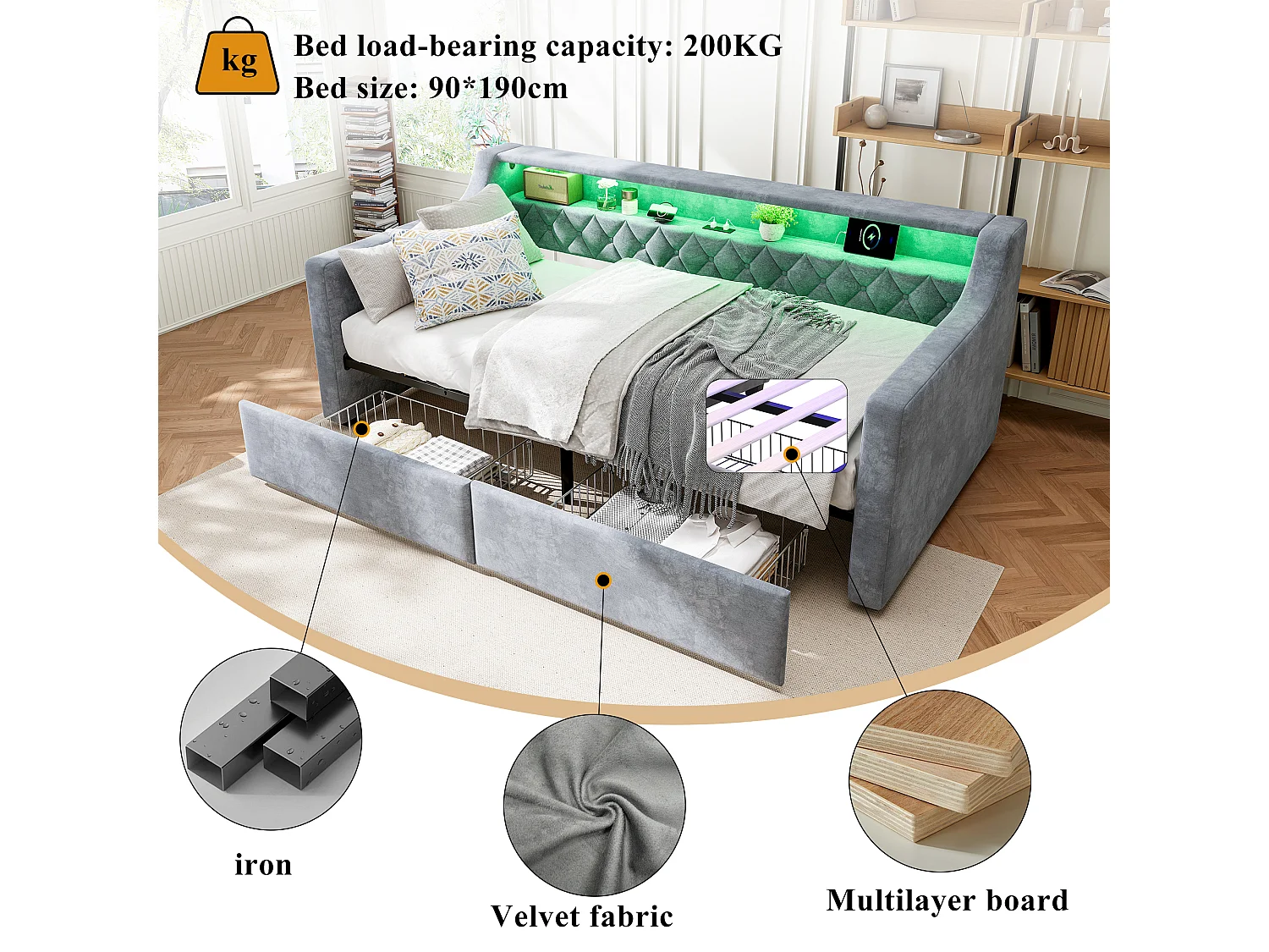 Upholstered single bed 90x190 cm - with LED strip lighting - charging ports (1 USB-A + 1 USB-C) - 2 drawers with wheels - velvet fabric - grey