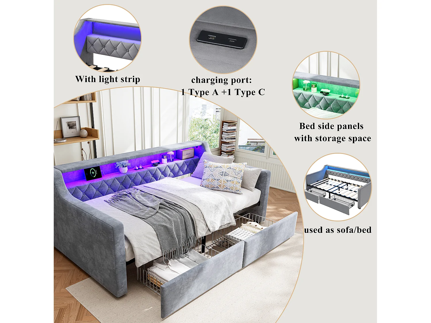 Upholstered single bed 90x190 cm - with LED strip lighting - charging ports (1 USB-A + 1 USB-C) - 2 drawers with wheels - velvet fabric - grey