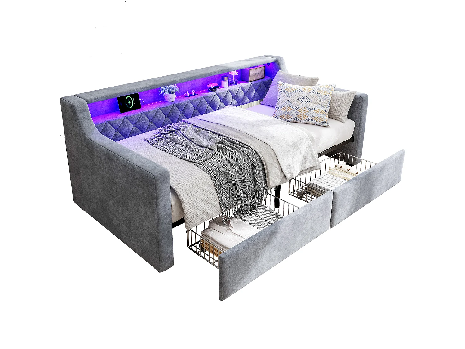 Upholstered single bed 90x190 cm - with LED strip lighting - charging ports (1 USB-A + 1 USB-C) - 2 drawers with wheels - velvet fabric - grey