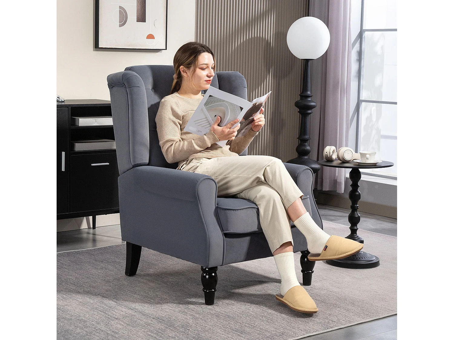 Vanola Grey Velvet Feel Retro Wingback Armchair Diamond Button Tufted