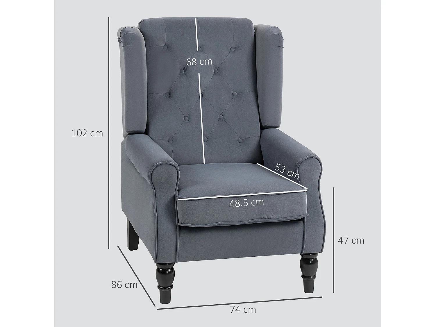 Vanola Grey Velvet Feel Retro Wingback Armchair Diamond Button Tufted