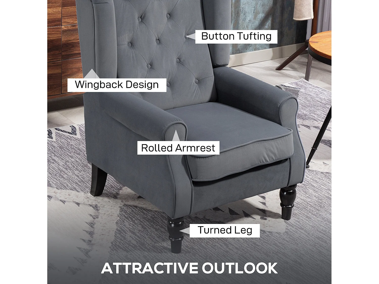 Vanola Grey Velvet Feel Retro Wingback Armchair Diamond Button Tufted