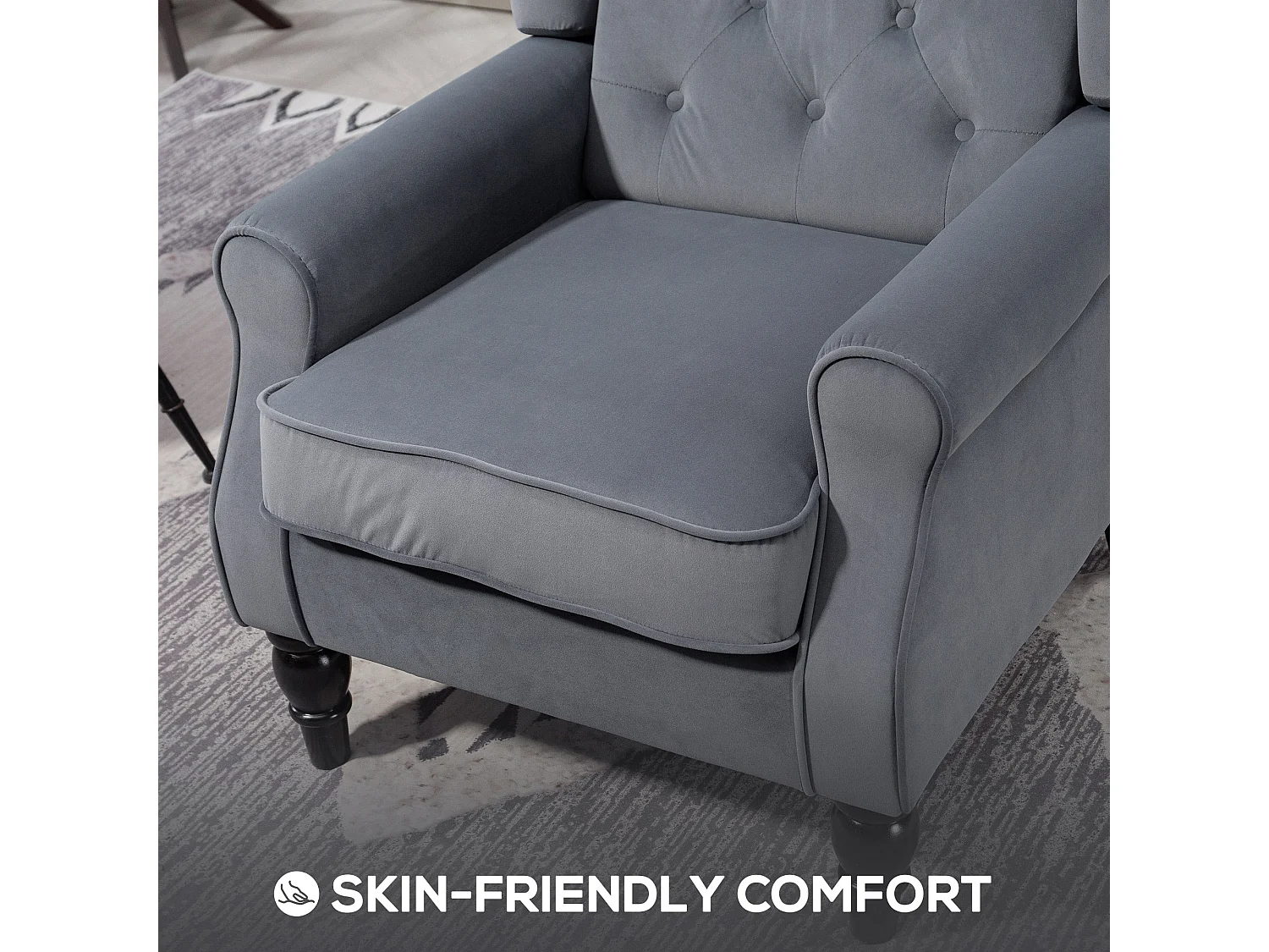 Vanola Grey Velvet Feel Retro Wingback Armchair Diamond Button Tufted