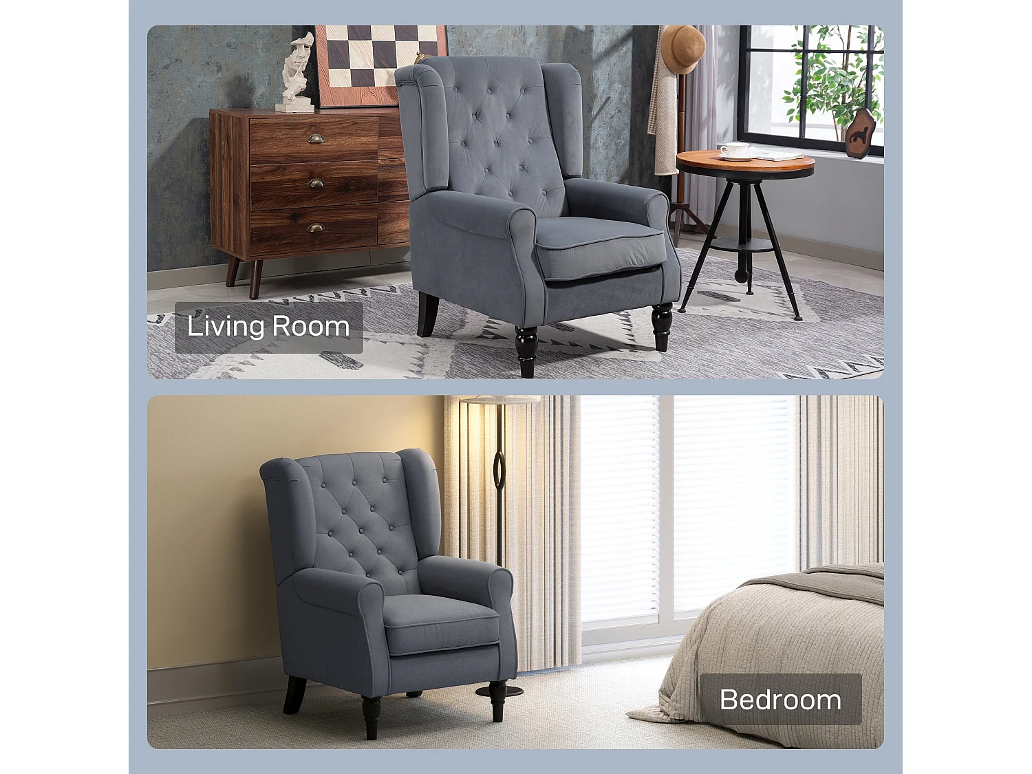 Vanola Grey Velvet Feel Retro Wingback Armchair Diamond Button Tufted
