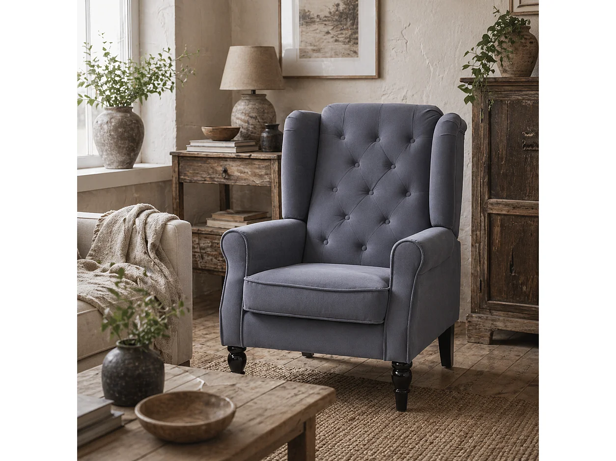 Vanola Grey Velvet Feel Retro Wingback Armchair Diamond Button Tufted
