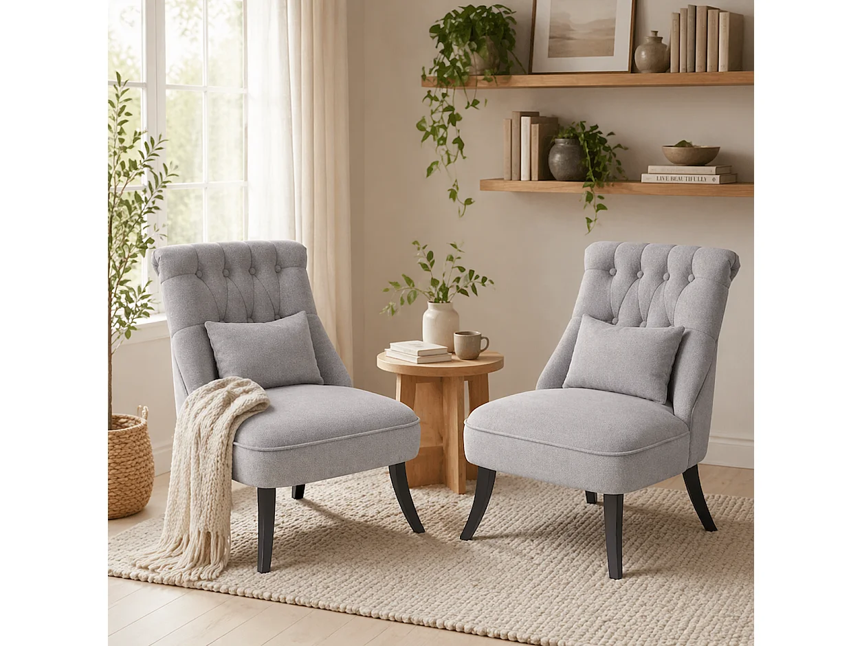 Sava Grey Set of 2 Armless Button Tufted Tub Chairs with Linen Look Upholstery