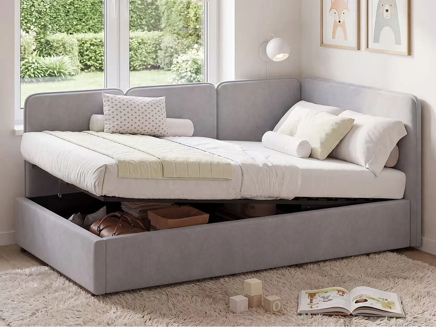 Canapé-lit coffre 90 x 200 cm - Peut être inversé à gauche et à droite - Tissu velours - Gris (Matelas non inclus)
