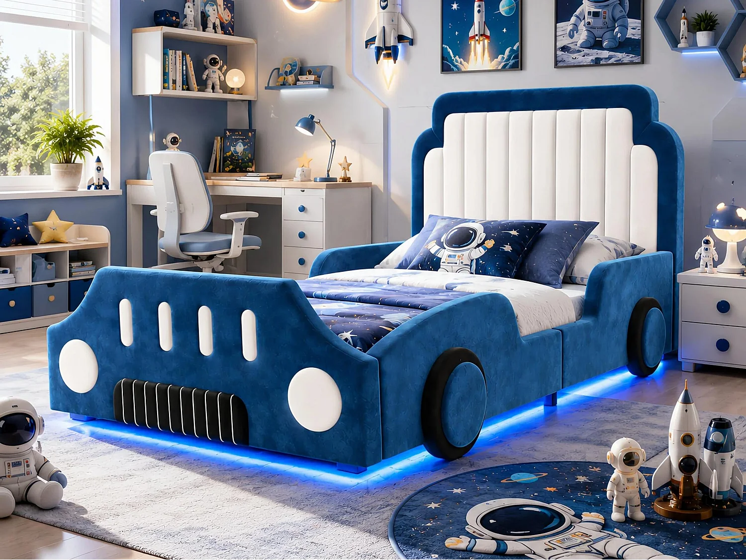 Letto per bambini imbottito 90 x 200 cm - design a forma di auto - con sponde di sicurezza - LED - tessuto in velluto - blu (senza materasso)