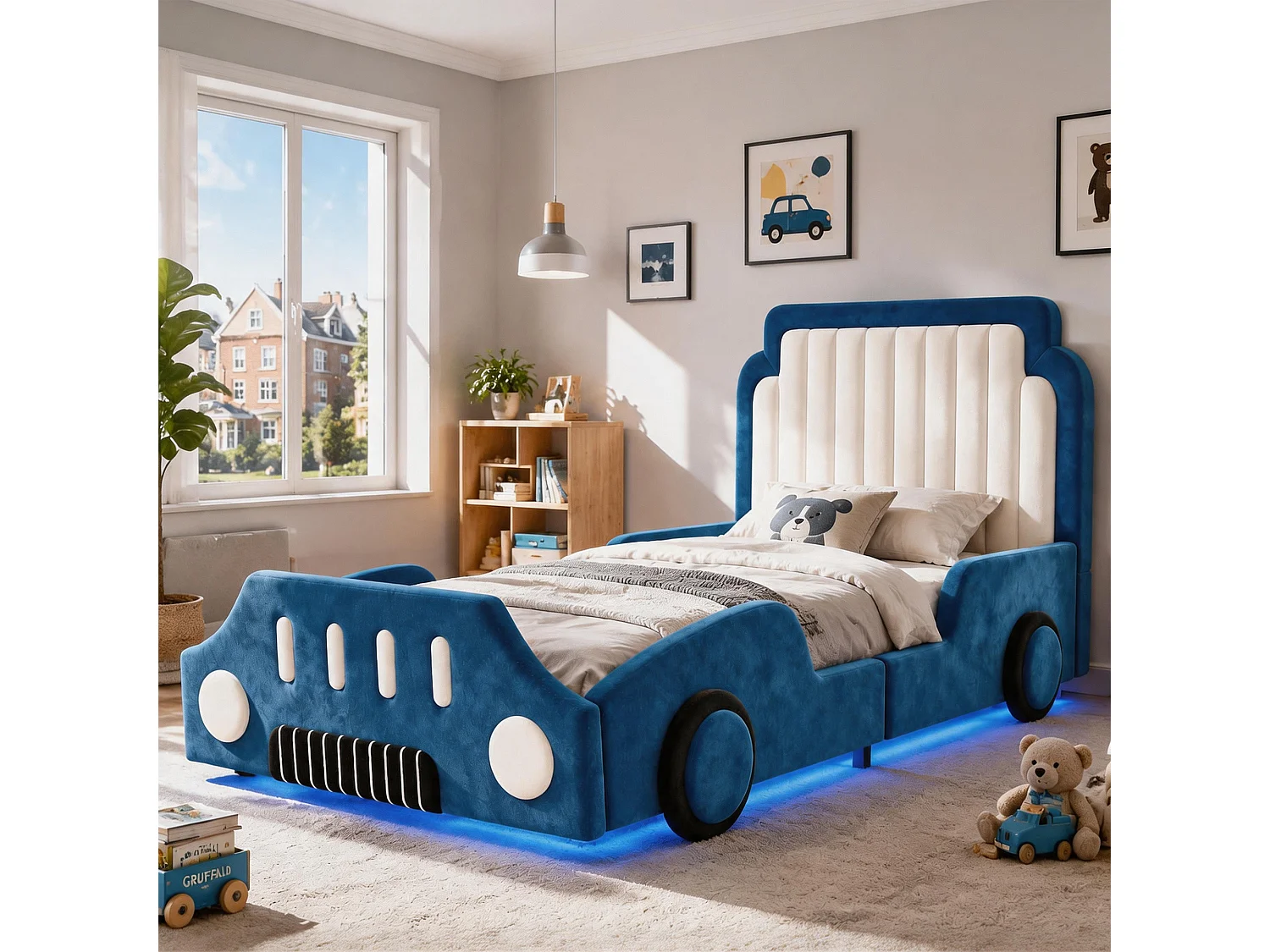 Letto per bambini imbottito 90 x 200 cm - design a forma di auto - con sponde di sicurezza - LED - tessuto in velluto - blu (senza materasso)