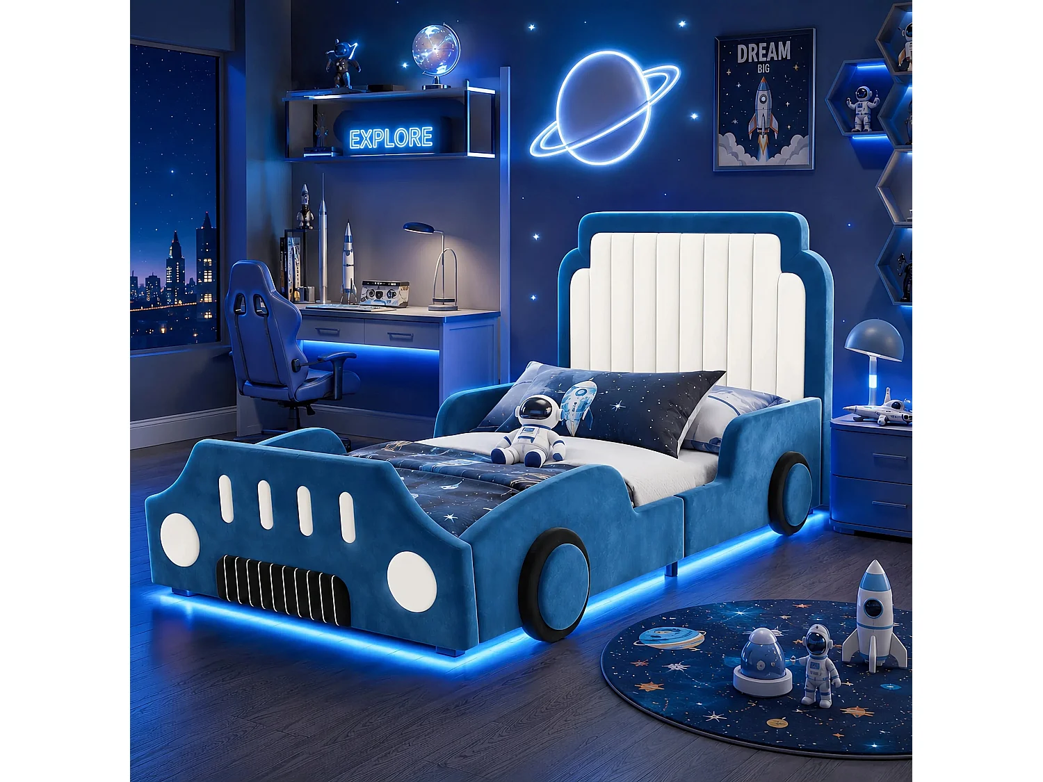 Letto per bambini imbottito 90 x 200 cm - design a forma di auto - con sponde di sicurezza - LED - tessuto in velluto - blu (senza materasso)