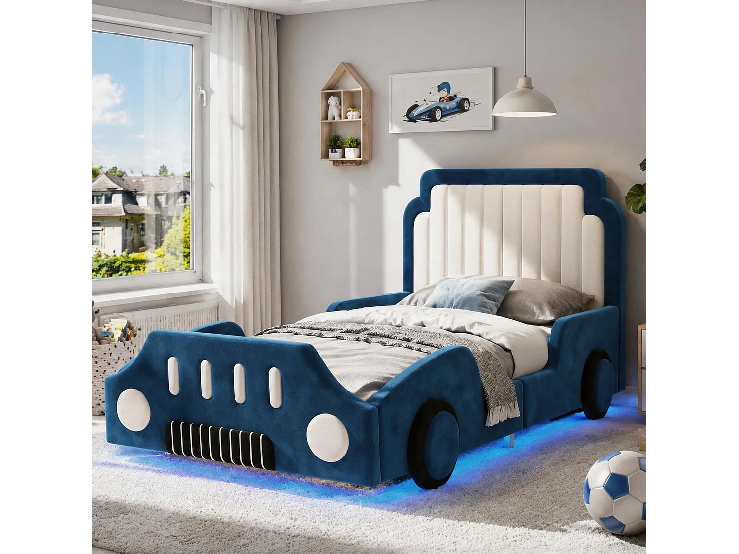Letto per bambini imbottito 90 x 200 cm - design a forma di auto - con sponde di sicurezza - LED - tessuto in velluto - blu (senza materasso)