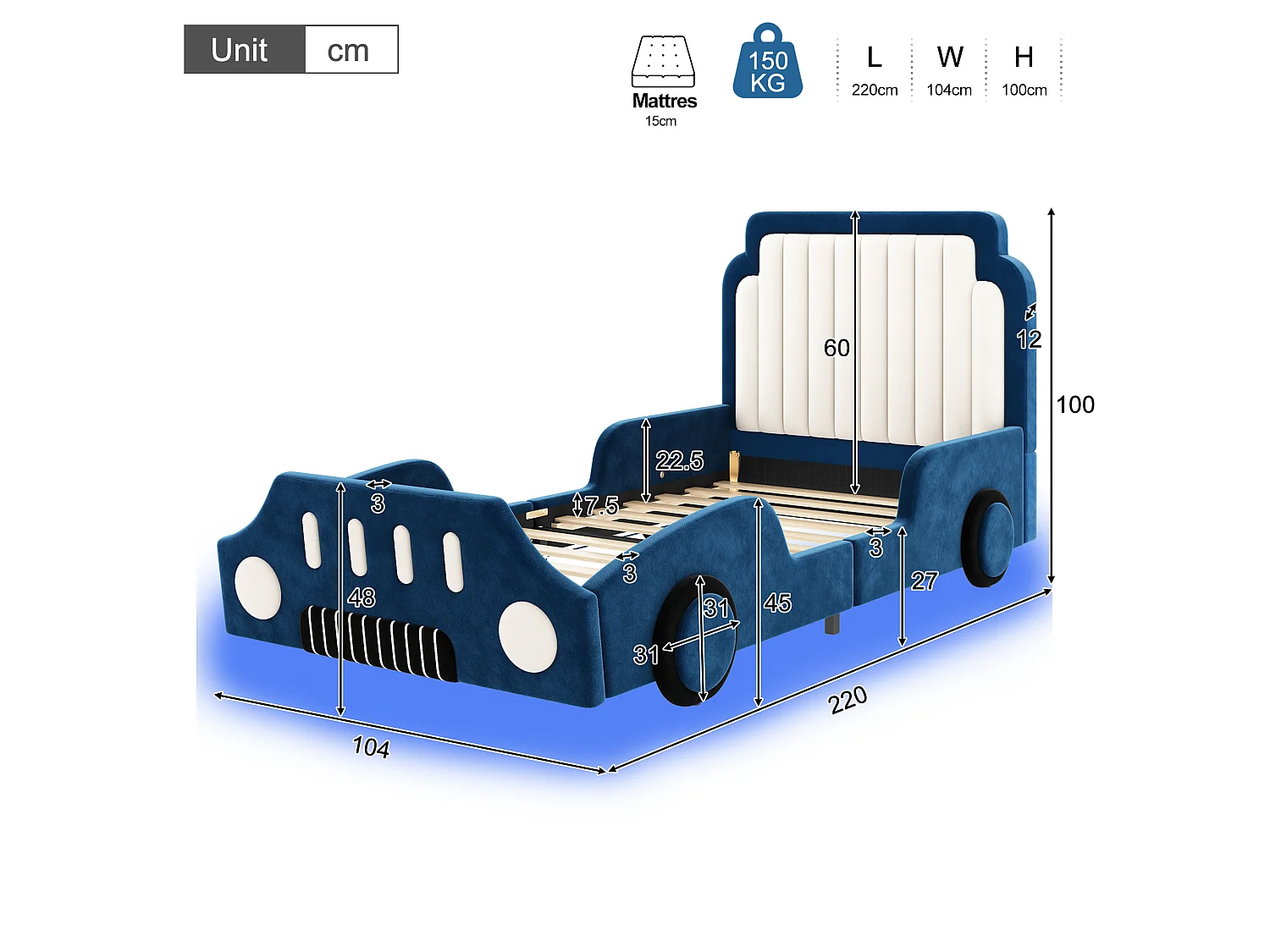 Letto per bambini imbottito 90 x 200 cm - design a forma di auto - con sponde di sicurezza - LED - tessuto in velluto - blu (senza materasso)