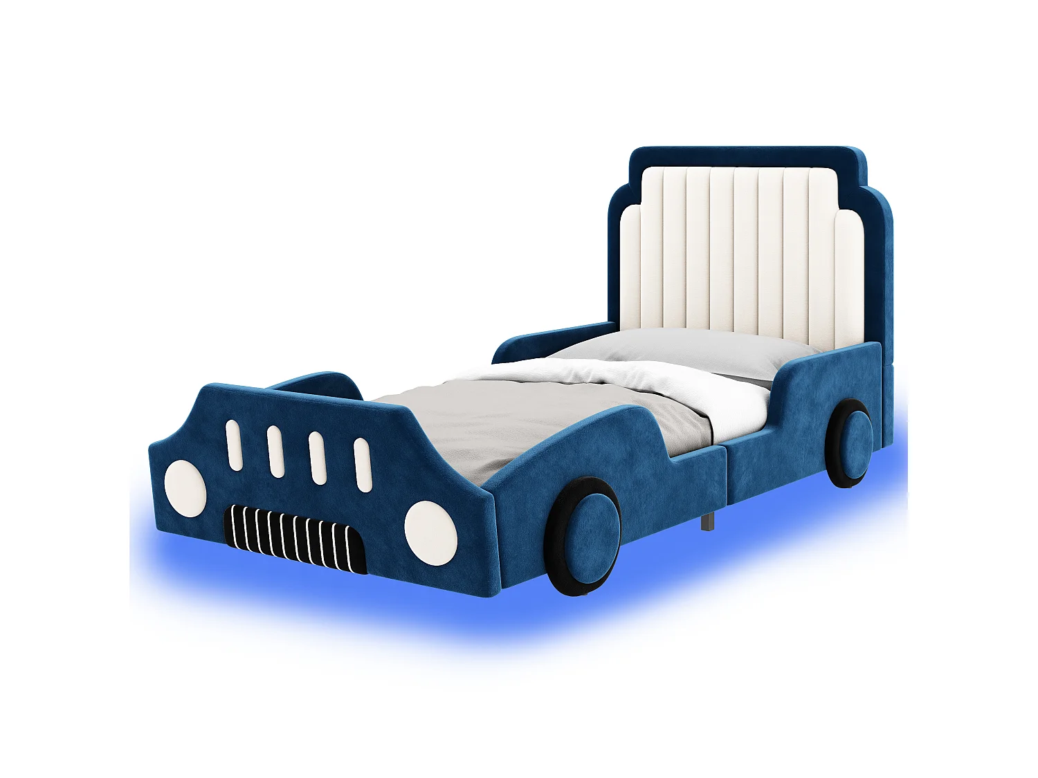 Letto per bambini imbottito 90 x 200 cm - design a forma di auto - con sponde di sicurezza - LED - tessuto in velluto - blu (senza materasso)