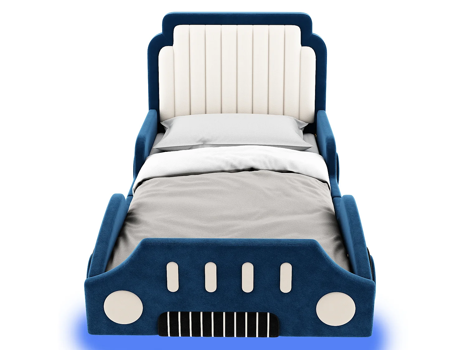Letto per bambini imbottito 90 x 200 cm - design a forma di auto - con sponde di sicurezza - LED - tessuto in velluto - blu (senza materasso)
