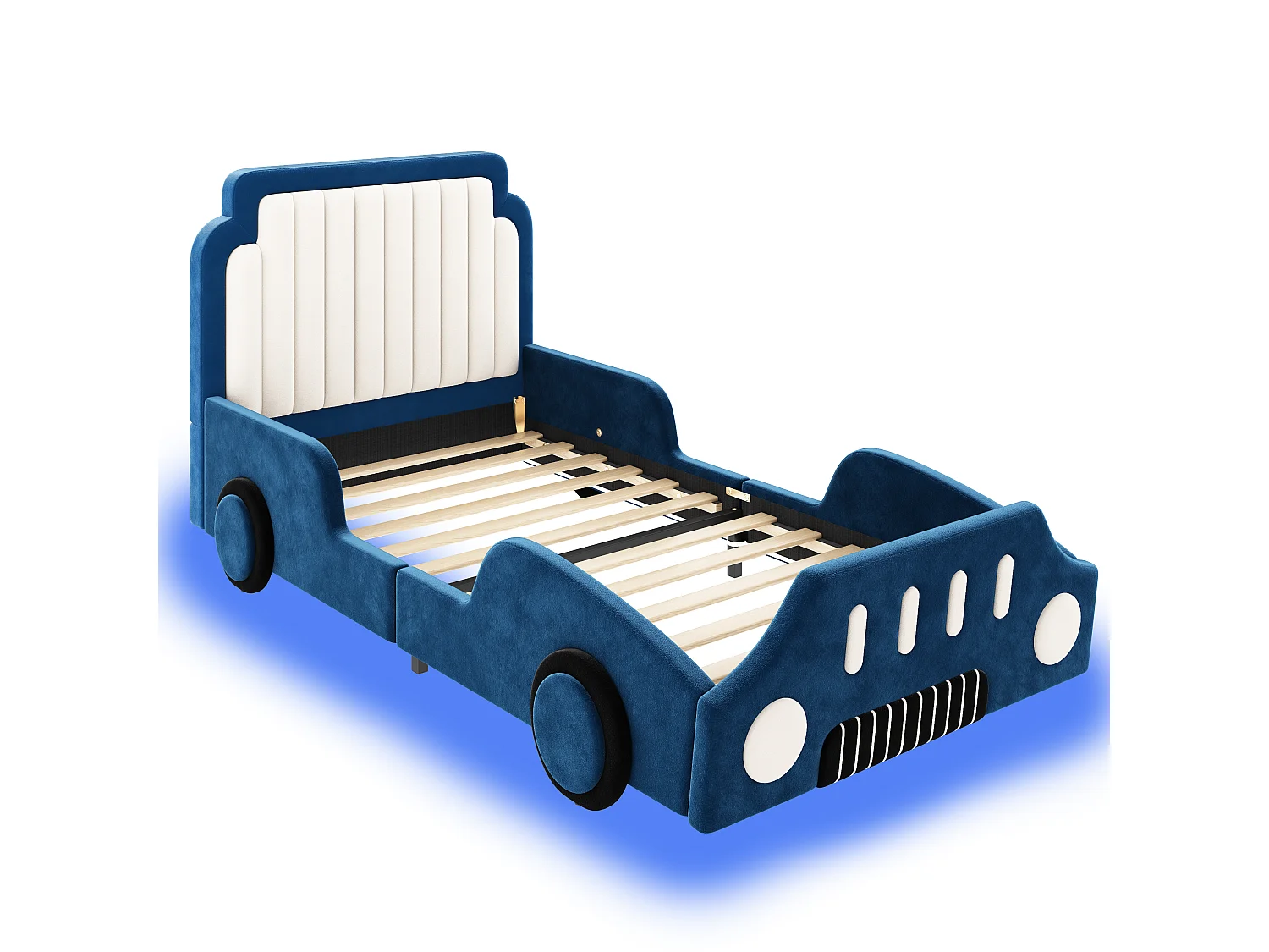 Letto per bambini imbottito 90 x 200 cm - design a forma di auto - con sponde di sicurezza - LED - tessuto in velluto - blu (senza materasso)