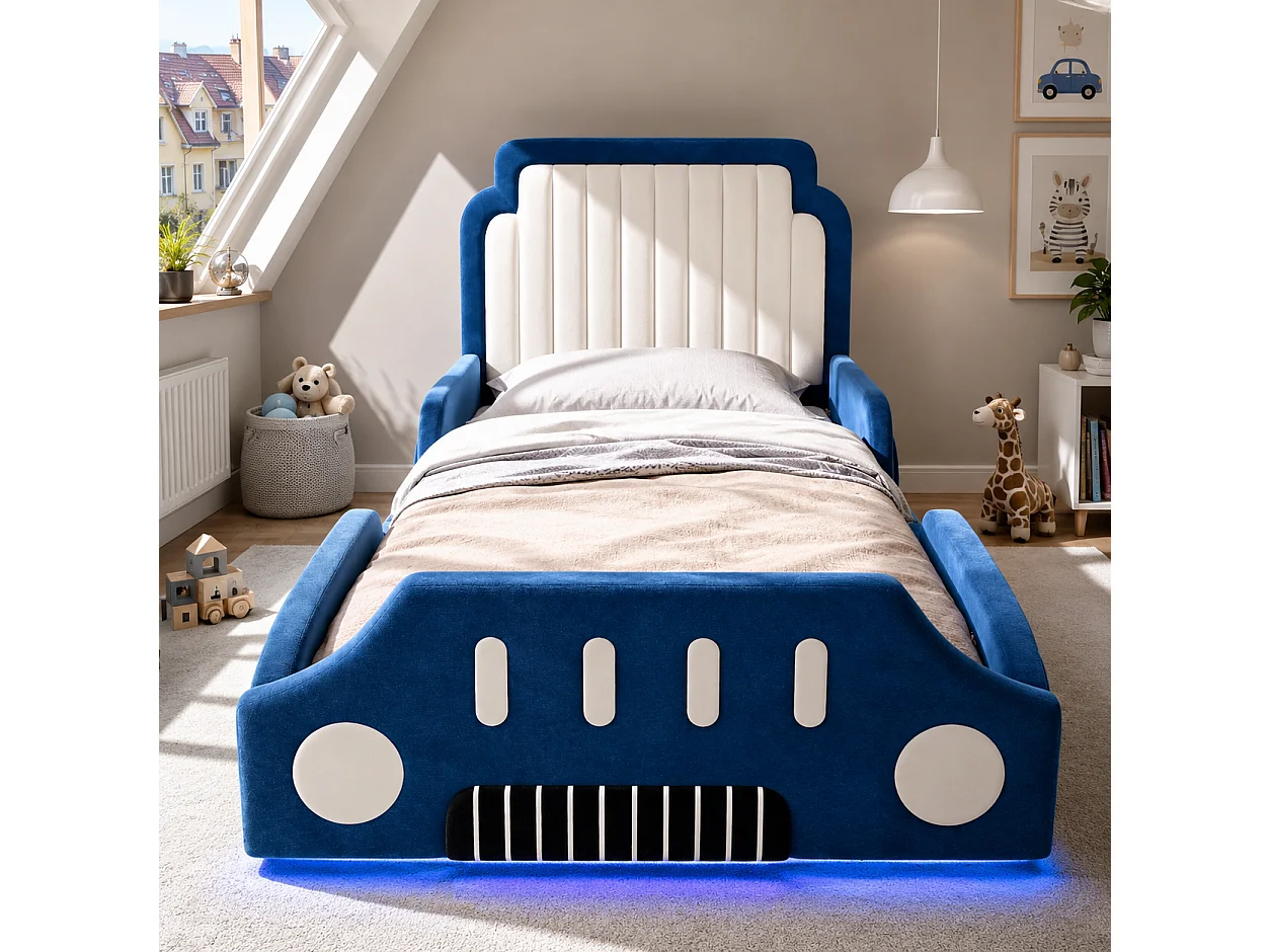 Letto per bambini imbottito 90 x 200 cm - design a forma di auto - con sponde di sicurezza - LED - tessuto in velluto - blu (senza materasso)