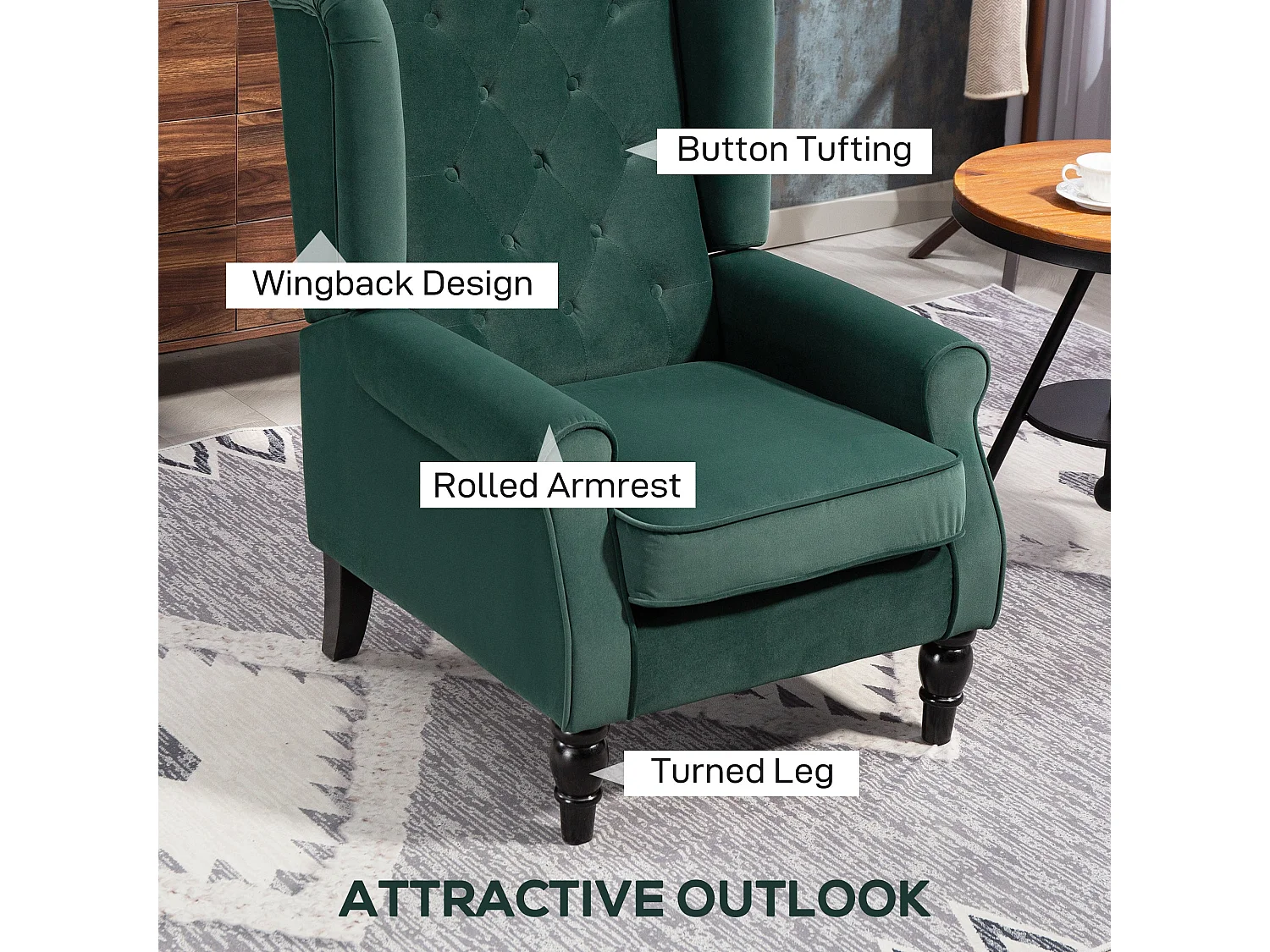 Dona Green Velvet Feel Wingback Accent Chair with Diamond Button Tufting