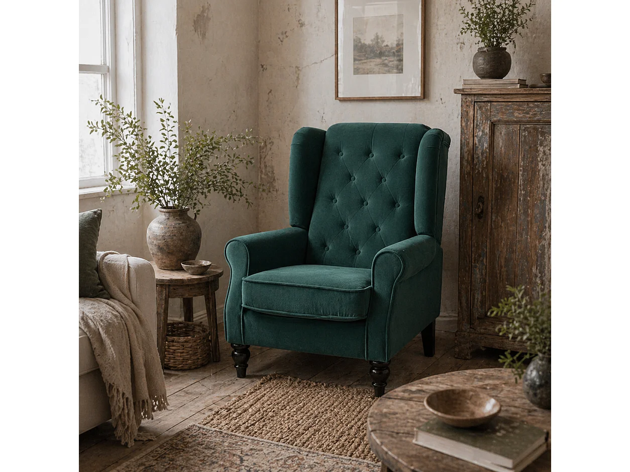 Dona Green Velvet Feel Wingback Accent Chair with Diamond Button Tufting