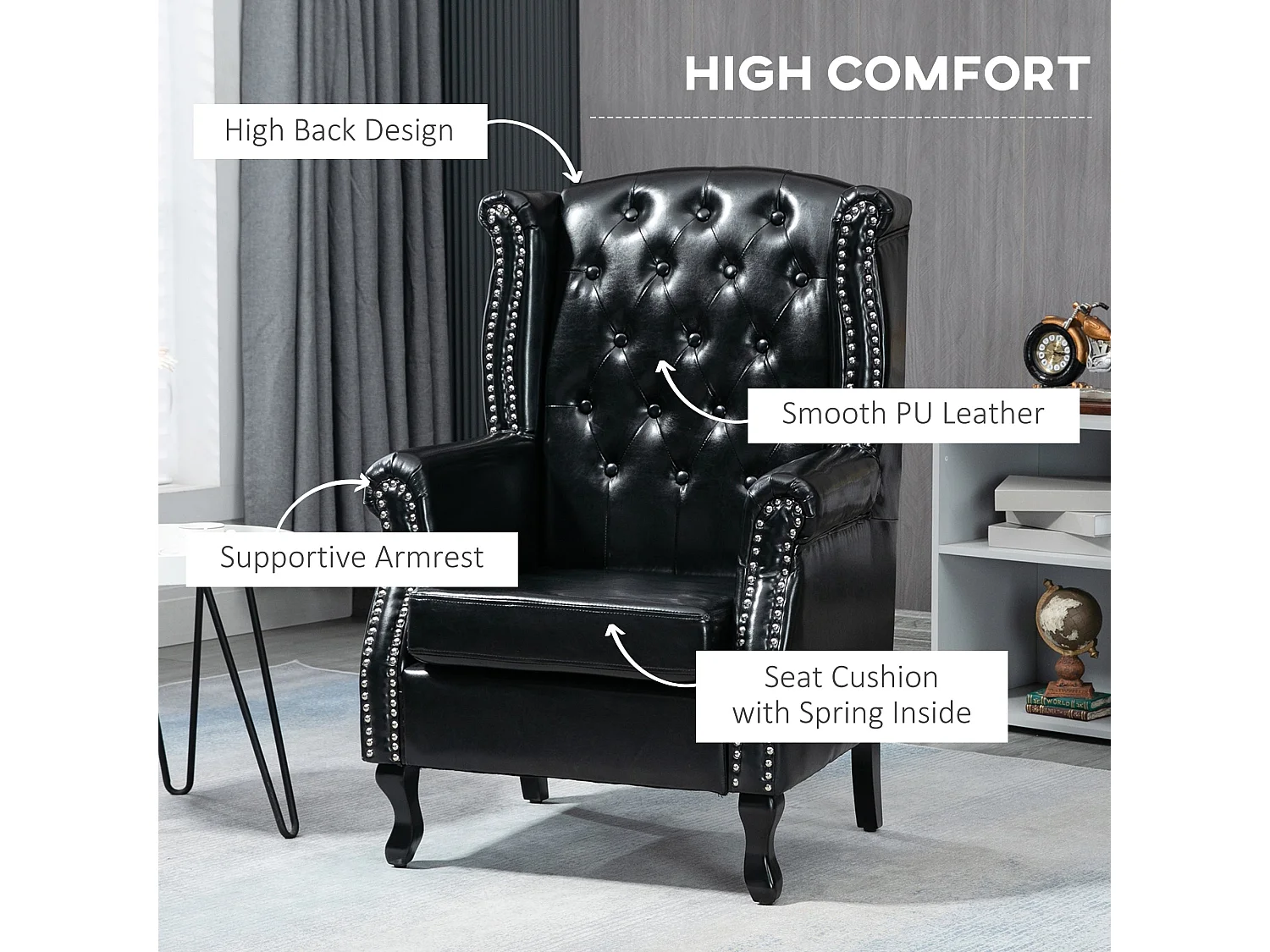 Nana Bafa Black Wingback Accent Chair Chesterfield Tufting Nailhead Trim