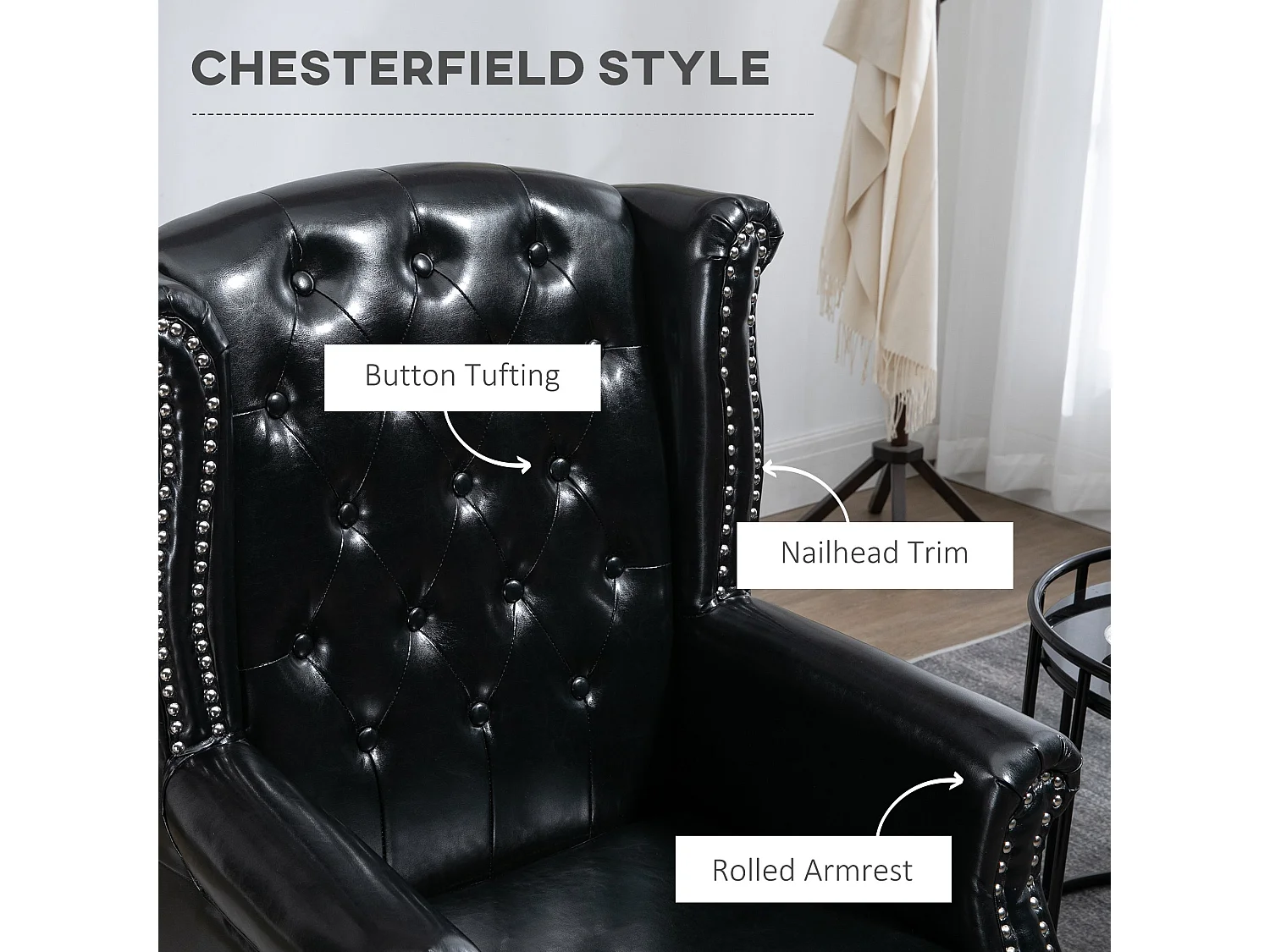 Nana Bafa Black Wingback Accent Chair Chesterfield Tufting Nailhead Trim