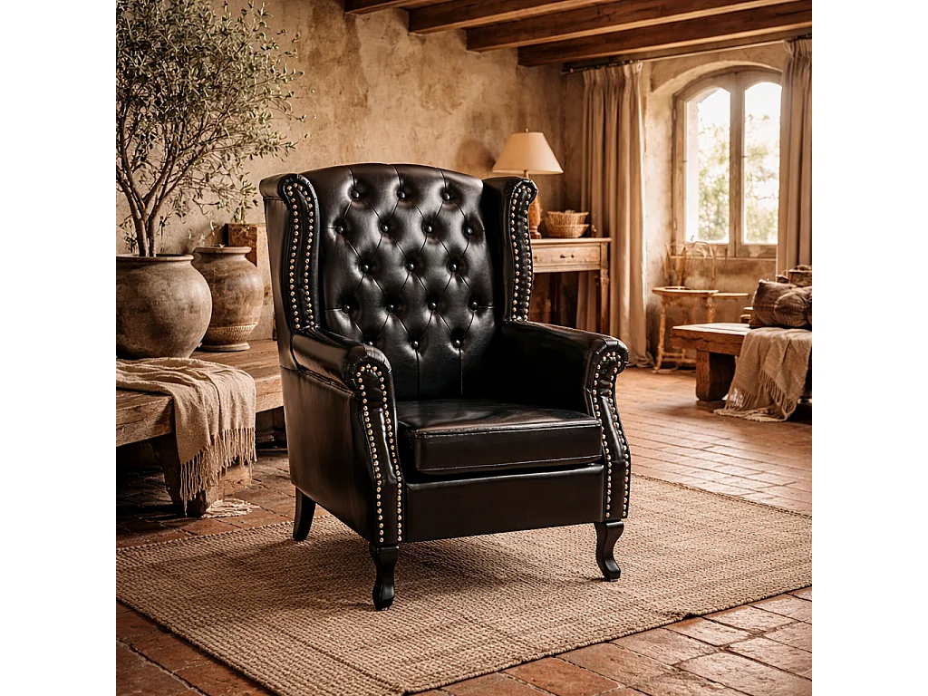 Nana Bafa Black Wingback Accent Chair Chesterfield Tufting Nailhead Trim