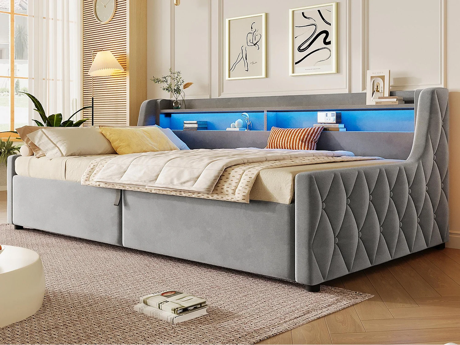 Storage Sofa Bed 90 × 200 cm - with storage box and LED lighting - velvet fabric + MDF - grey (mattress not included)
