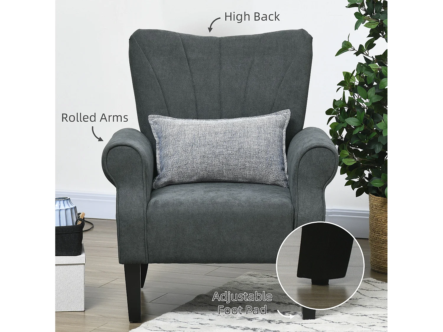 Suri Mid Century Grey Upholstered Accent Armchair Rolled Arms Wooden Legs
