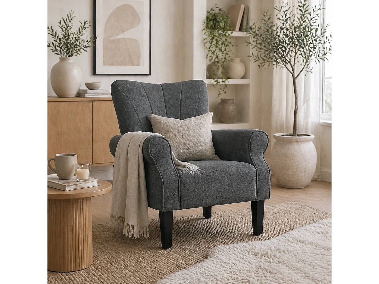 Suri Mid Century Grey Upholstered Accent Armchair Rolled Arms Wooden Legs