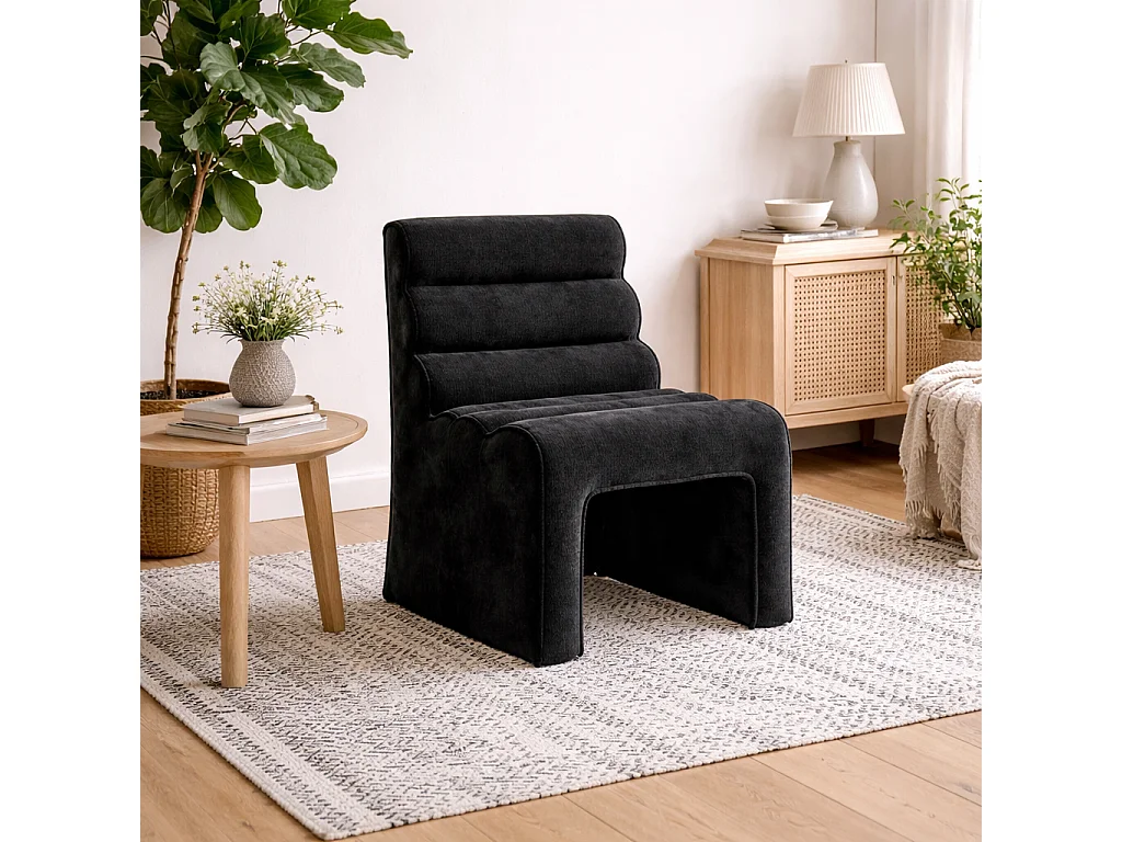 Midleton Retro Black Chenille Ribbed Accent Chair Curved Sculptural Design