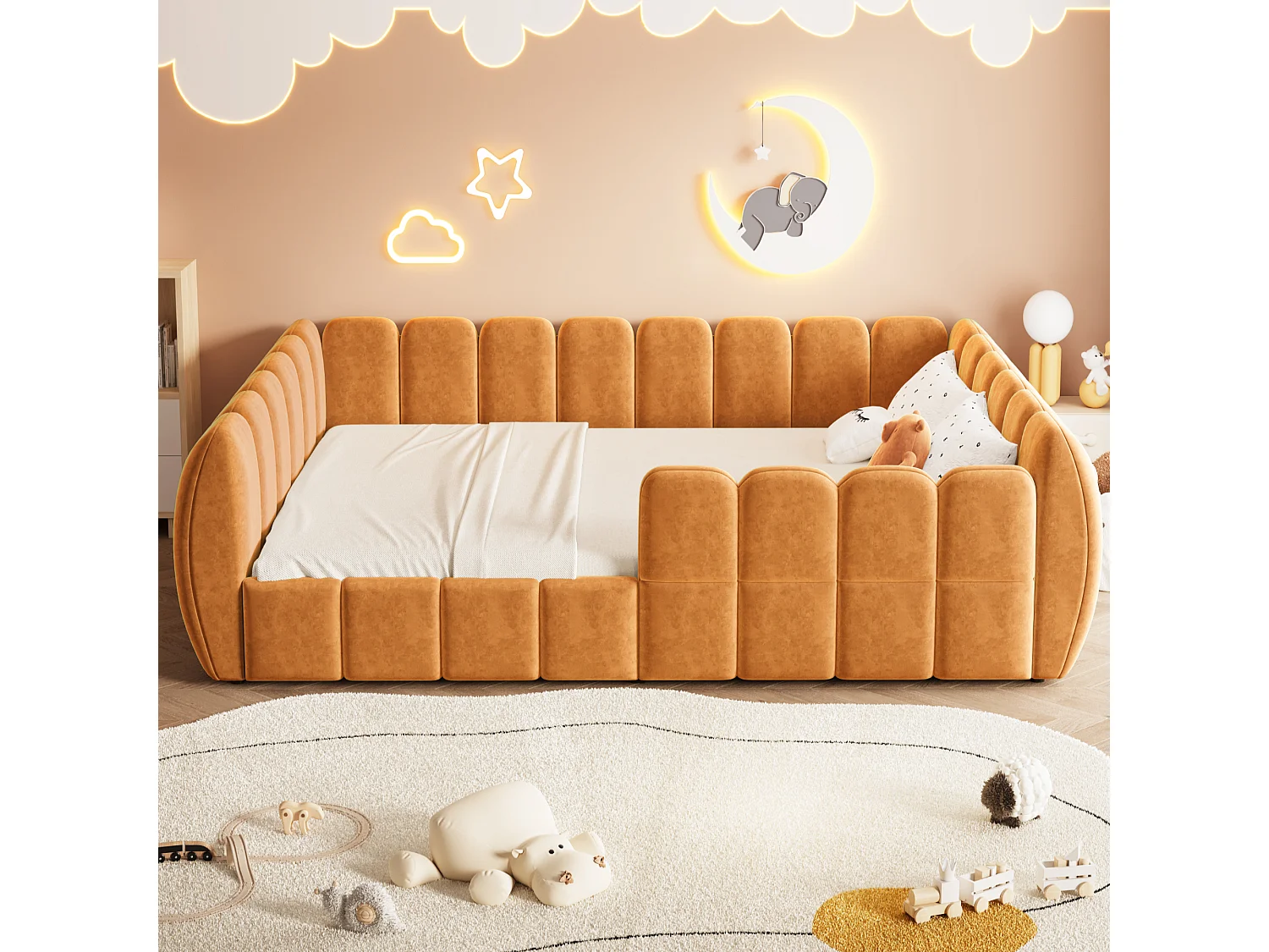 Gepolstertes Kinderbett 140 × 200 cm - Samtstoff - abgerundete Ecken - Orange (Matratze nicht enthalten)