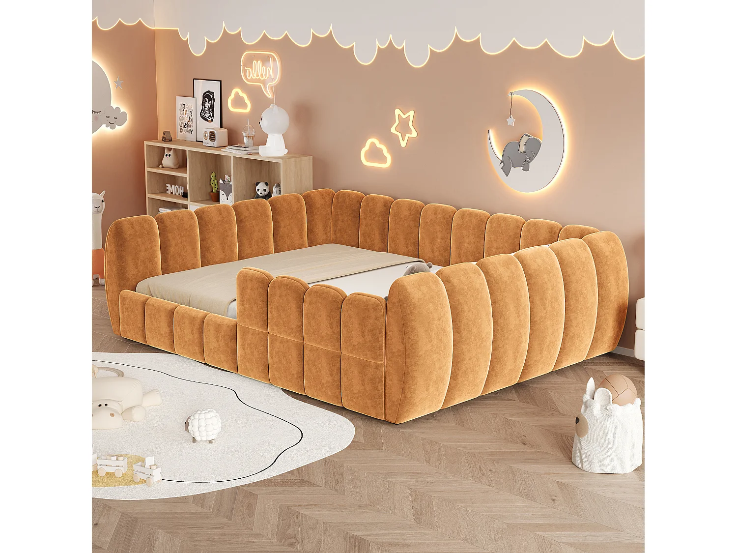 Gepolstertes Kinderbett 140 × 200 cm - Samtstoff - abgerundete Ecken - Orange (Matratze nicht enthalten)