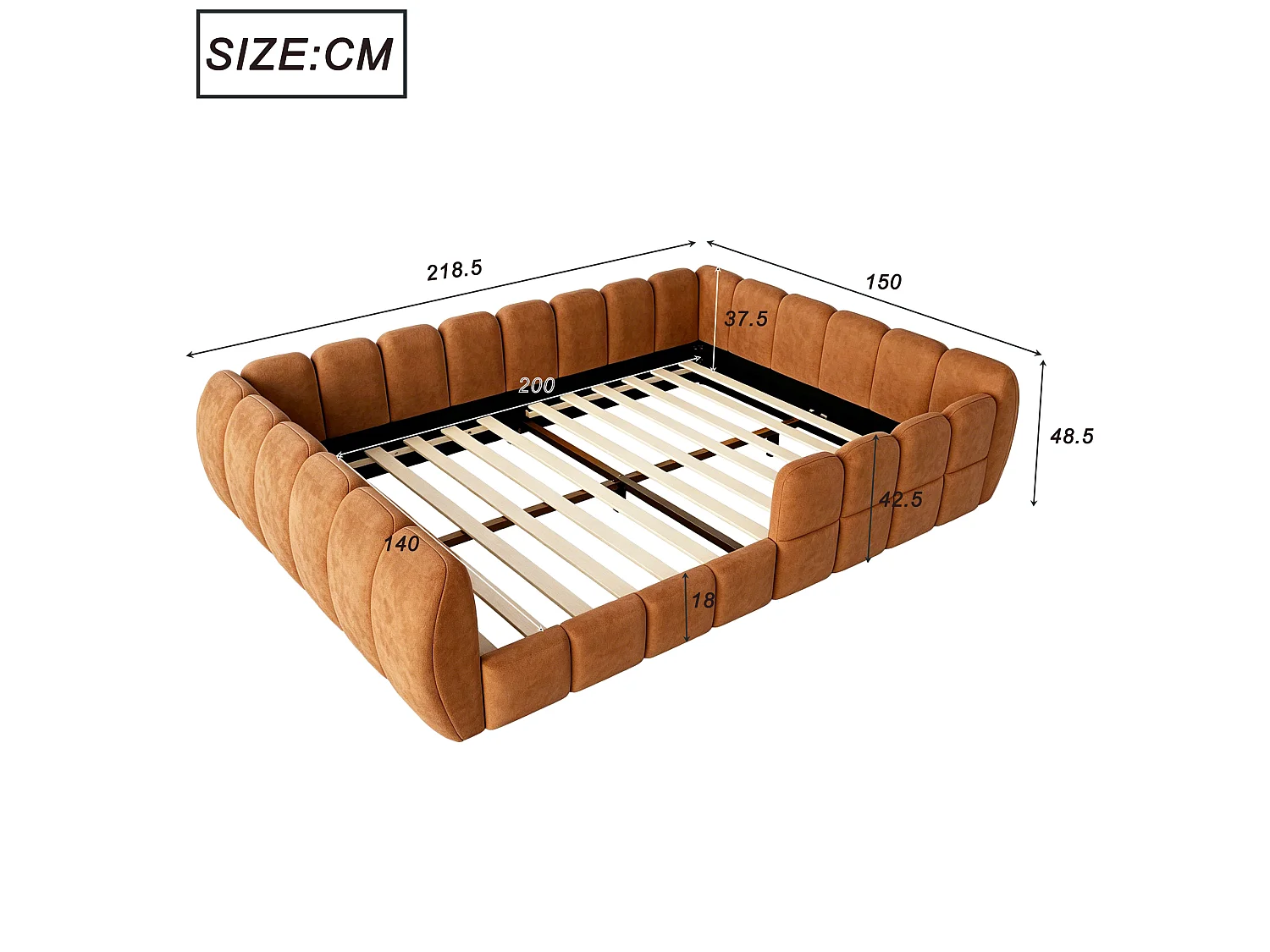 Gepolstertes Kinderbett 140 × 200 cm - Samtstoff - abgerundete Ecken - Orange (Matratze nicht enthalten)