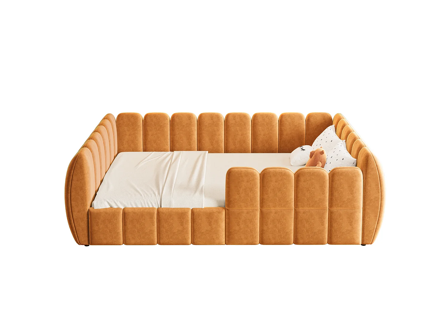 Gepolstertes Kinderbett 140 × 200 cm - Samtstoff - abgerundete Ecken - Orange (Matratze nicht enthalten)
