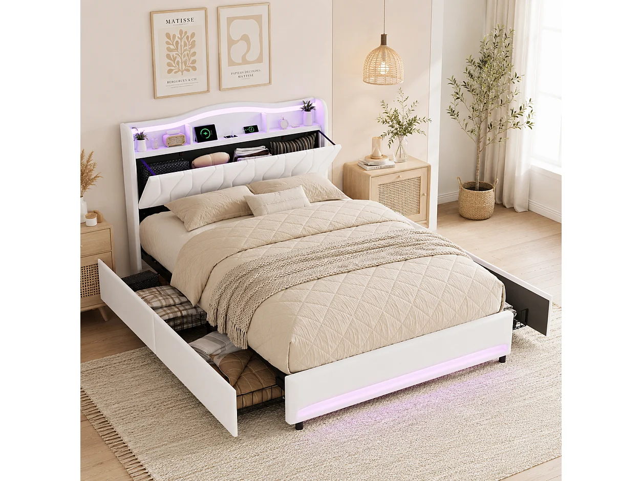 Lit Double 140x200cm avec 4 tiroirs, Lit adulte en Velours avec Éclairage LED, Prises USB/Type-C, Cadre de Lit capitonné pour Adolescents et adultes, Beige